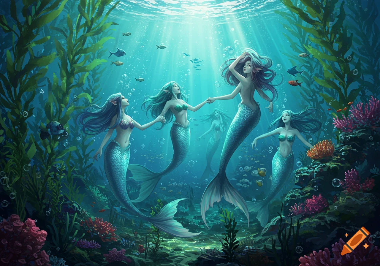 Several mermaids swim gracefully in a vibrant underwater scene with coral, seaweed, and fish, illuminated by sunlight.