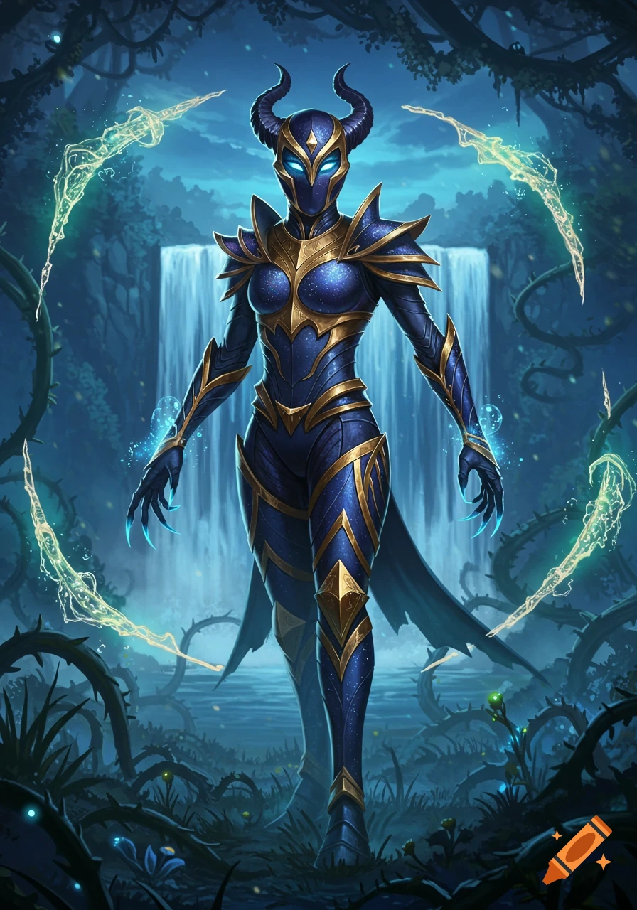 A female fantasy character in blue and gold armor with horns and glowing eyes stands in a mystical forest with a waterfall.