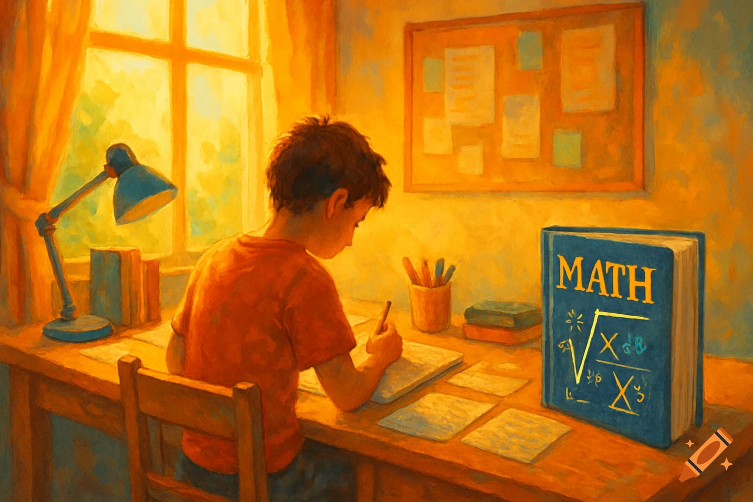 Boy studies at a sunlit desk with a math book, painted in a warm, impressionistic style.