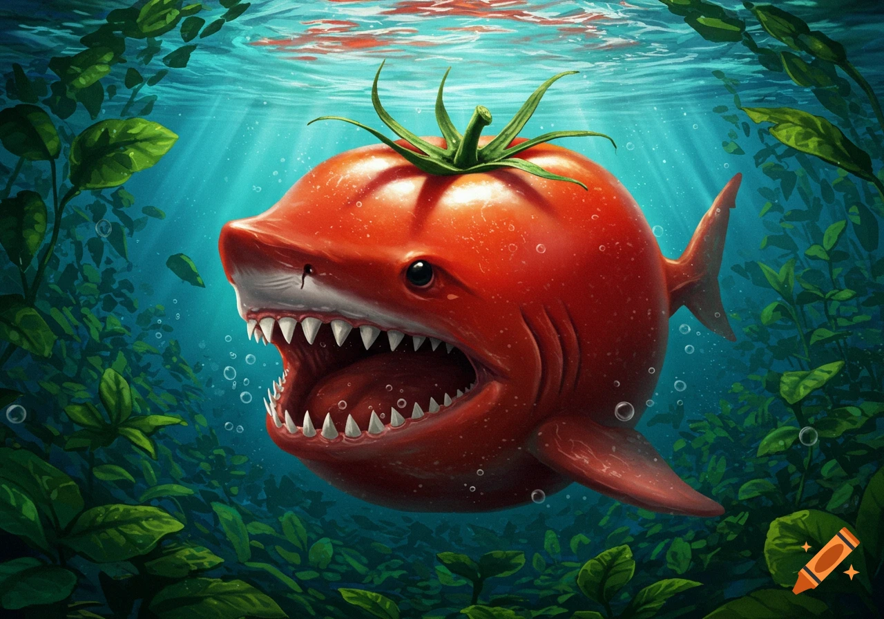 A vibrant digital painting of a red tomato shaped like a shark with fins, tail, and sharp teeth, swimming in a blue underwater scene with green aquatic plants.