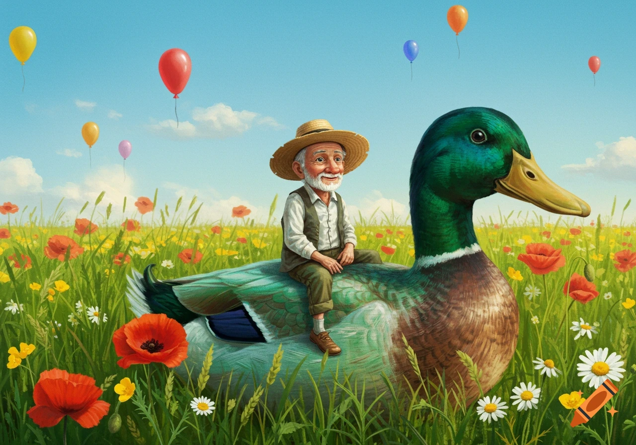 Cheerful old man riding a large mallard duck in a vibrant flower field under a blue sky with colorful balloons. Illustration.