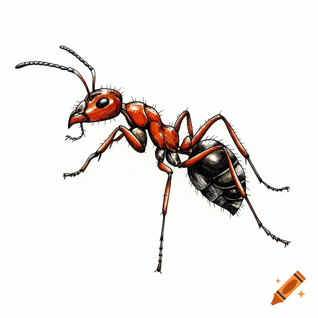 A detailed illustration of a red and black ant against a white background.