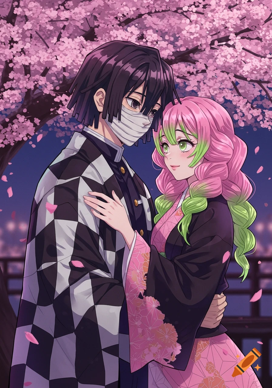 Anime characters Obanai and Mitsuri from Demon Slayer hug under a pink cherry blossom tree at night.