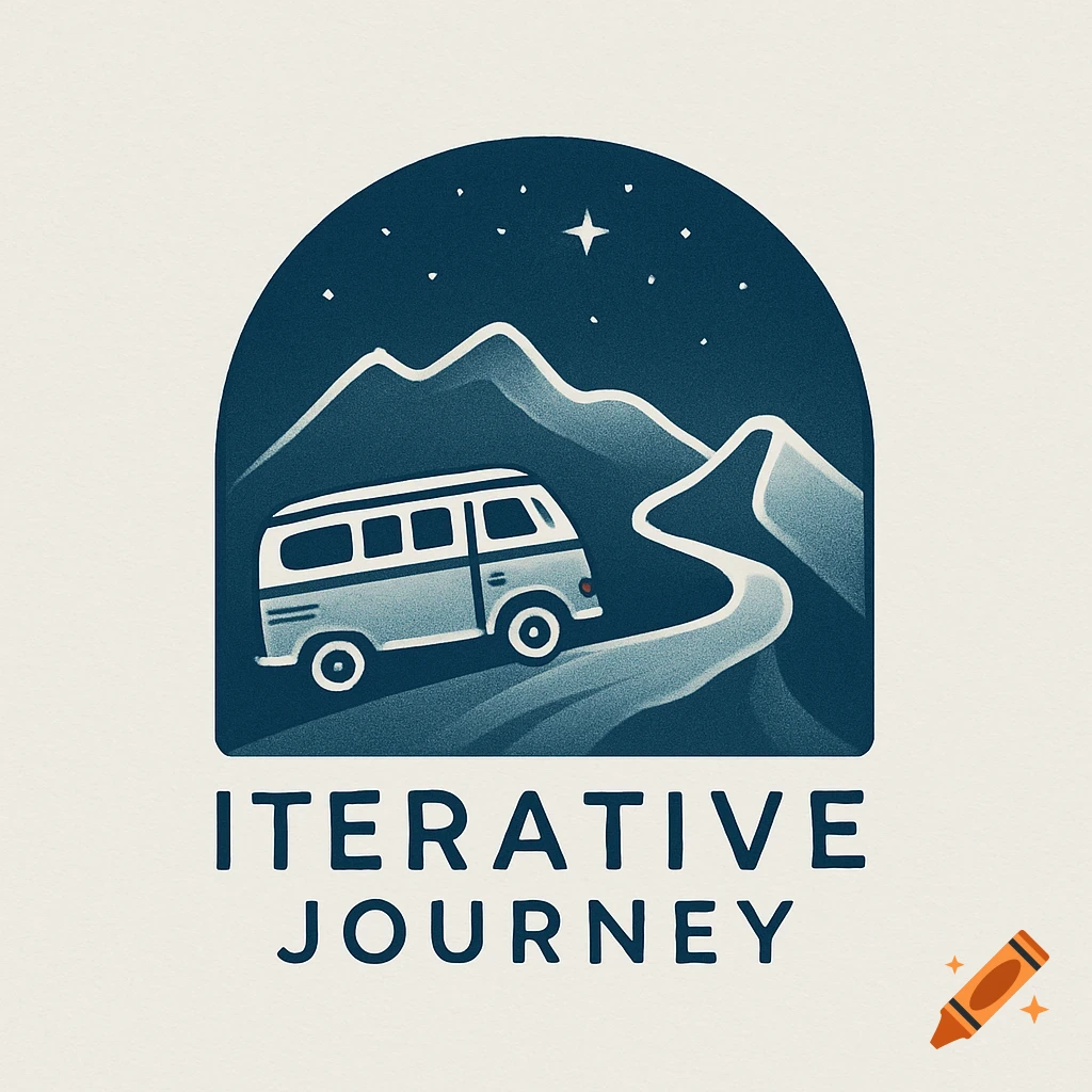 A stylized logo featuring a light blue camper van driving on a winding mountain road under a dark blue star-filled night sky, with the text "ITERATIVE JOURNEY" below.