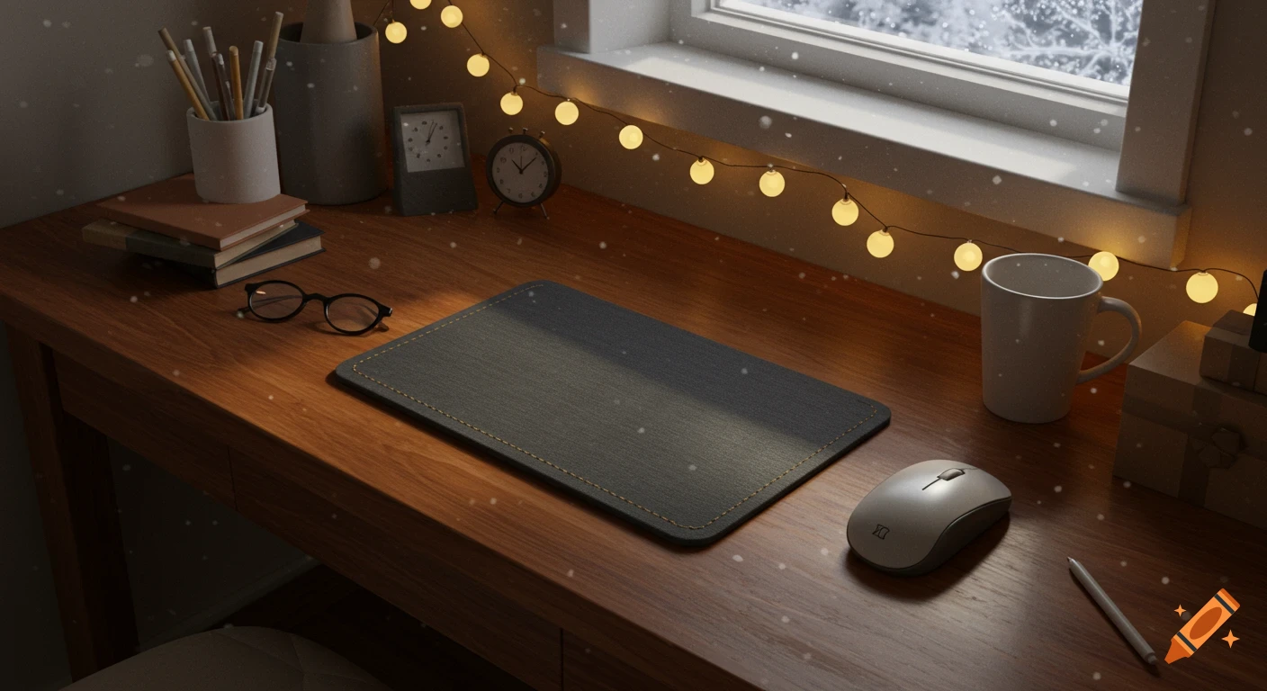 Cozy wooden desk with mousepad, mouse, glasses, mug, books, and pencils, illuminated by string lights near a snowy window.