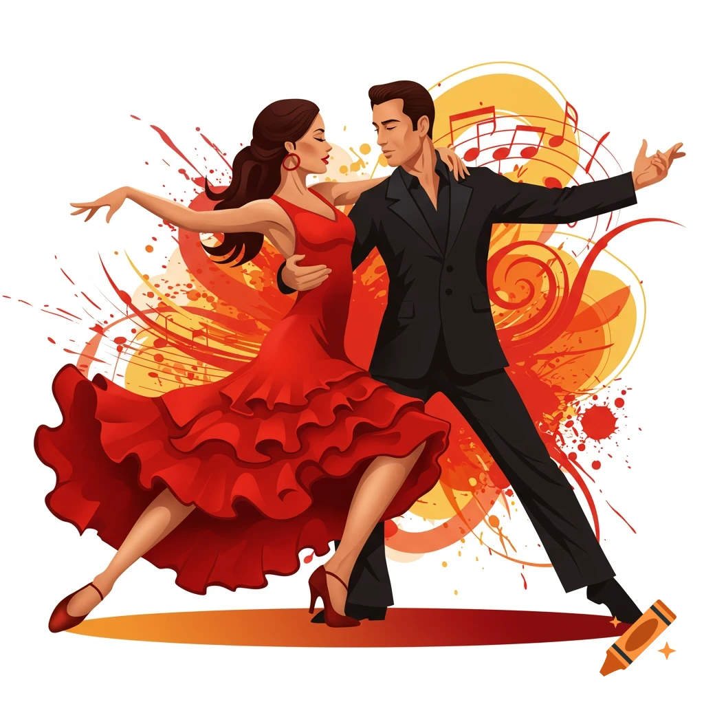 Vector illustration of a man and woman dancing salsa with passion, set against a vibrant abstract background with musical notes.
