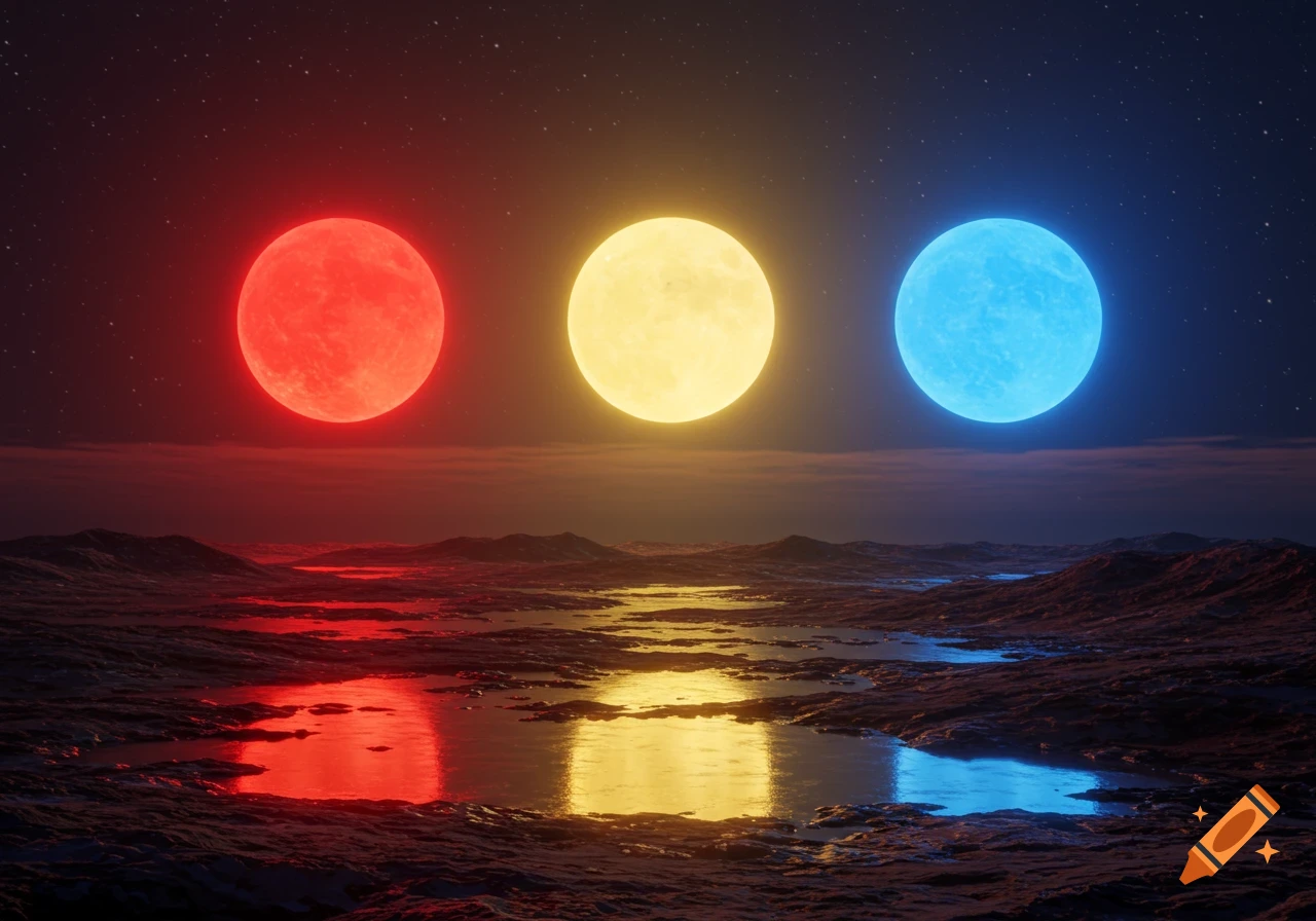 Three glowing orbs - red, yellow, and blue - illuminate a dark, watery, alien landscape with reflections.