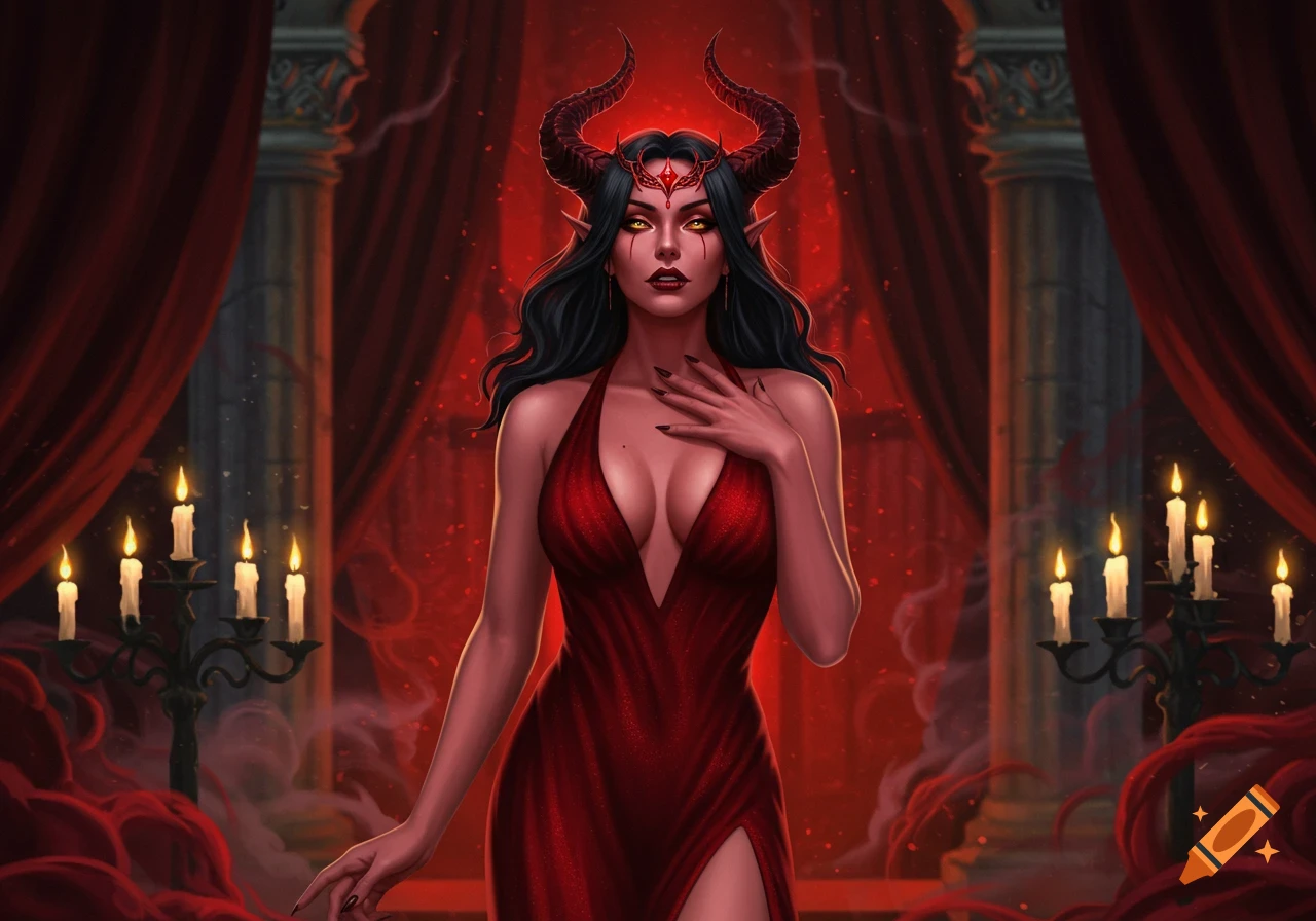 A striking digital illustration of a red-skinned devil woman with horns, a red crown, and a low-cut red dress, standing in a candlelit room.