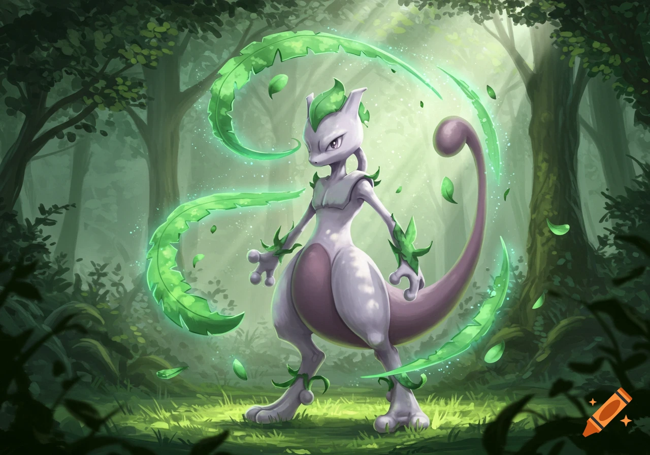 Illustration of Mewtwo, enhanced with glowing green leaves, standing in a magical forest.