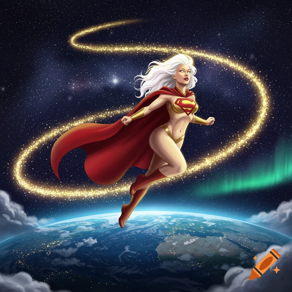A white-haired Super Woman character with a red cape and gold costume flies above Earth, leaving a trail of gold dust in a starry space.