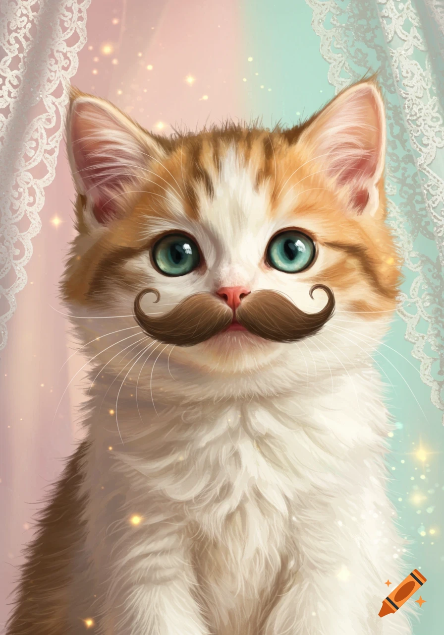 A cute, fluffy orange and white kitten with bright teal eyes and a dapper brown handlebar mustache against a sparkling pastel background.