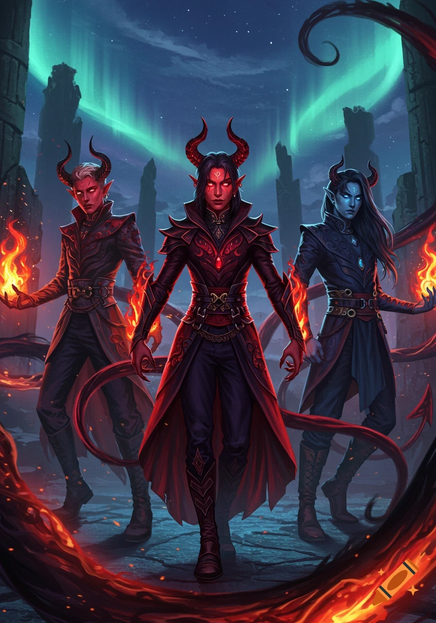Three horned demons with glowing eyes and tails, dressed in dark fantasy attire, surrounded by fire in a moonlit ruined landscape under an aurora.