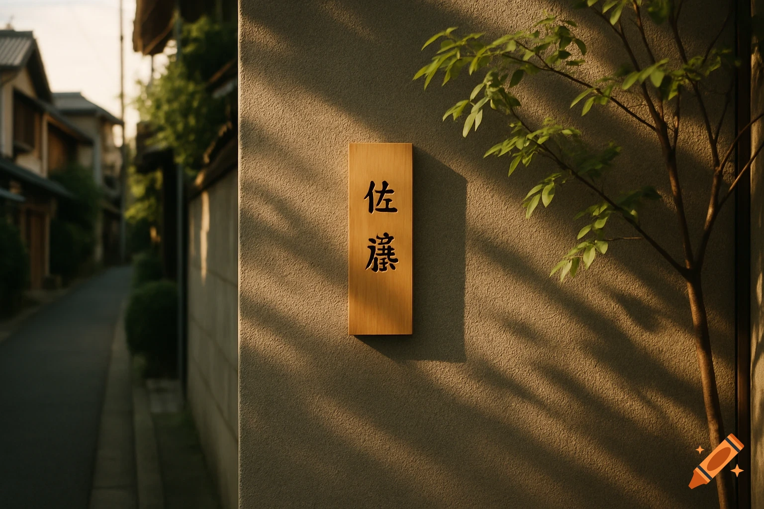 Photorealistic image of a wooden nameplate with Japanese characters 'Satō' on a textured concrete wall, dappled shadows from a tree branch, and a quiet Japanese backstreet.
