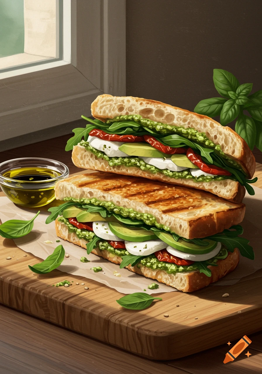 Two grilled Italian sandwiches with pesto, mozzarella, avocado, arugula, and sun-dried tomatoes on a wooden board.