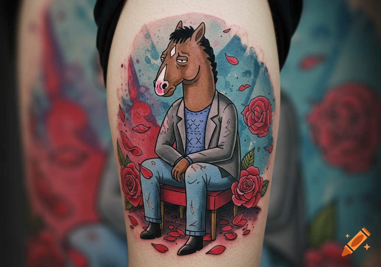 Bojack Horseman tattoo on a leg, sitting on a red bench with roses and a watercolor background.