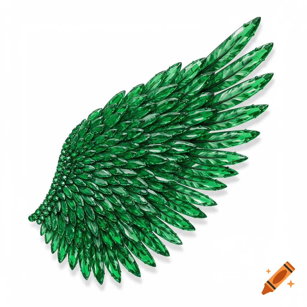 A shimmering feathered wing composed of numerous faceted emeralds on a white background.