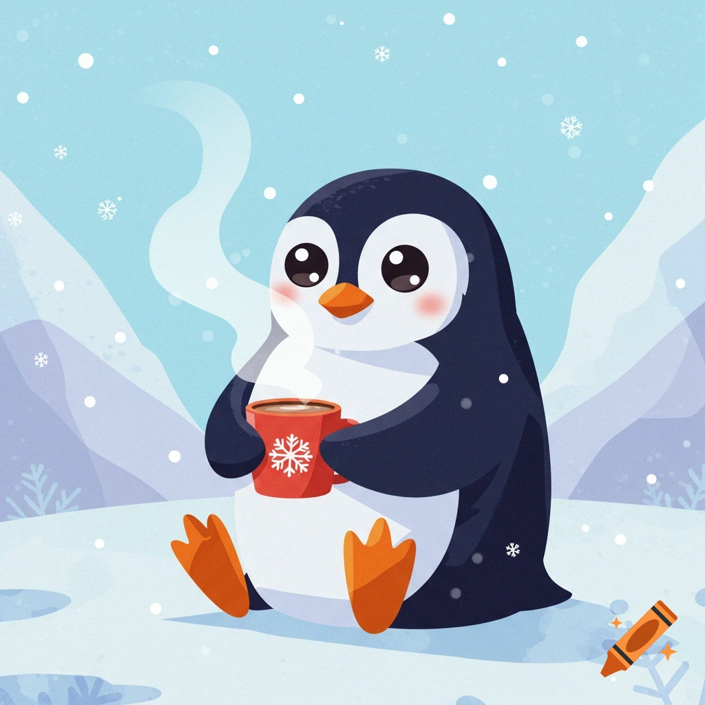 A cute cartoon penguin sits in snow, holding a steaming red mug with a white snowflake design. Snowflakes fall around it in a pastel blue winter landscape.