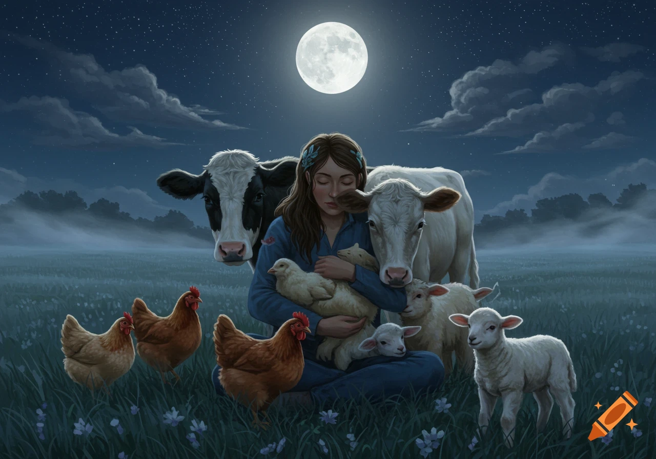 An illustration of a woman embracing a white chick and two lambs in a grassy field at night, flanked by two cows, with chickens nearby and a full moon above.