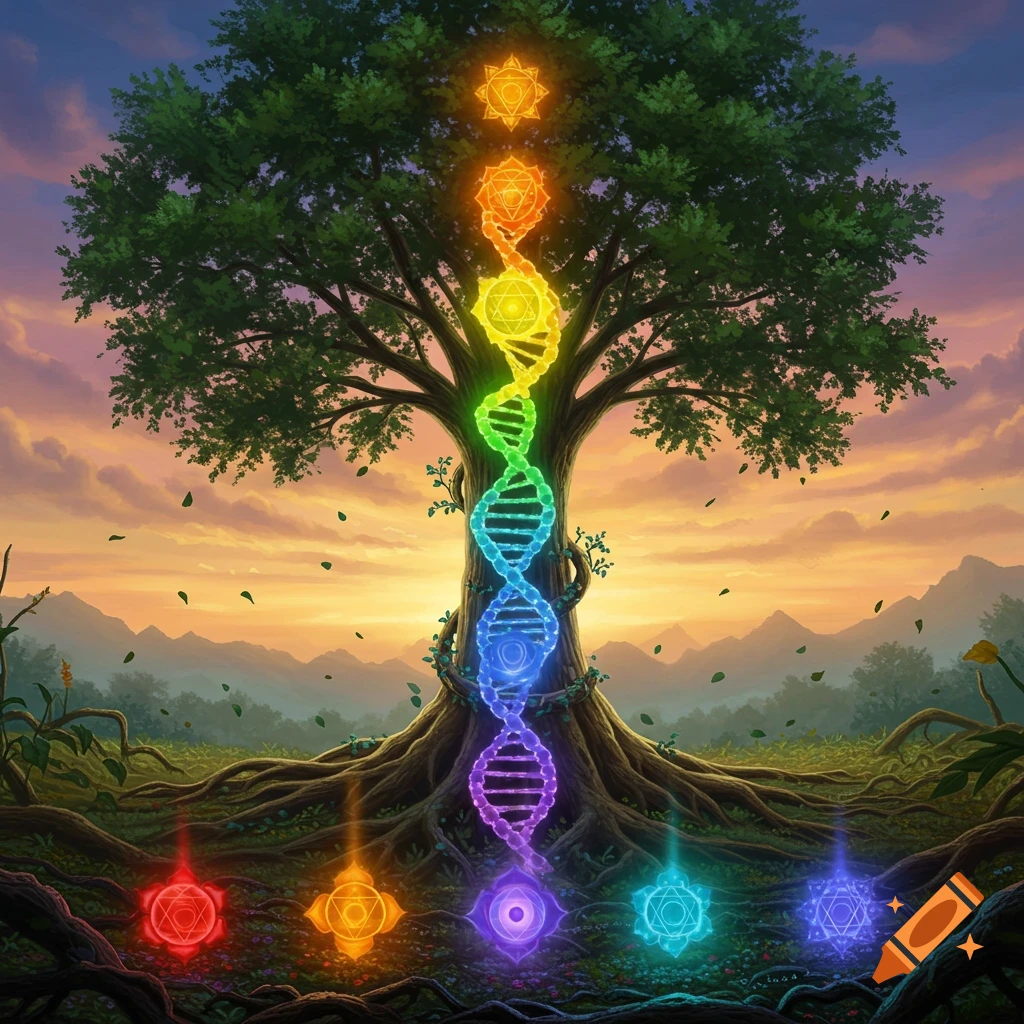 A vibrant tree of life with a glowing rainbow DNA helix intertwined with 7 chakra symbols, set against a sunset mountain landscape.