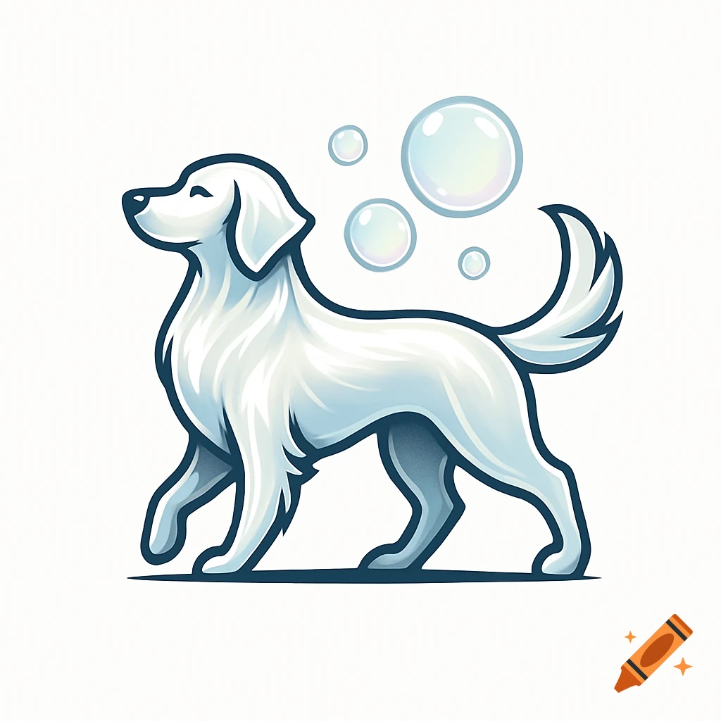 Stylized logo of a white dog with blue accents and bubbles on a white background.