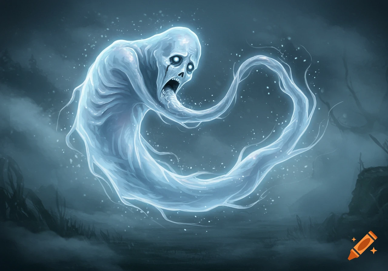 An ethereal blue-white ghost with a screaming, skull-like face and glowing eyes coils its wispy body in a dark, misty landscape.