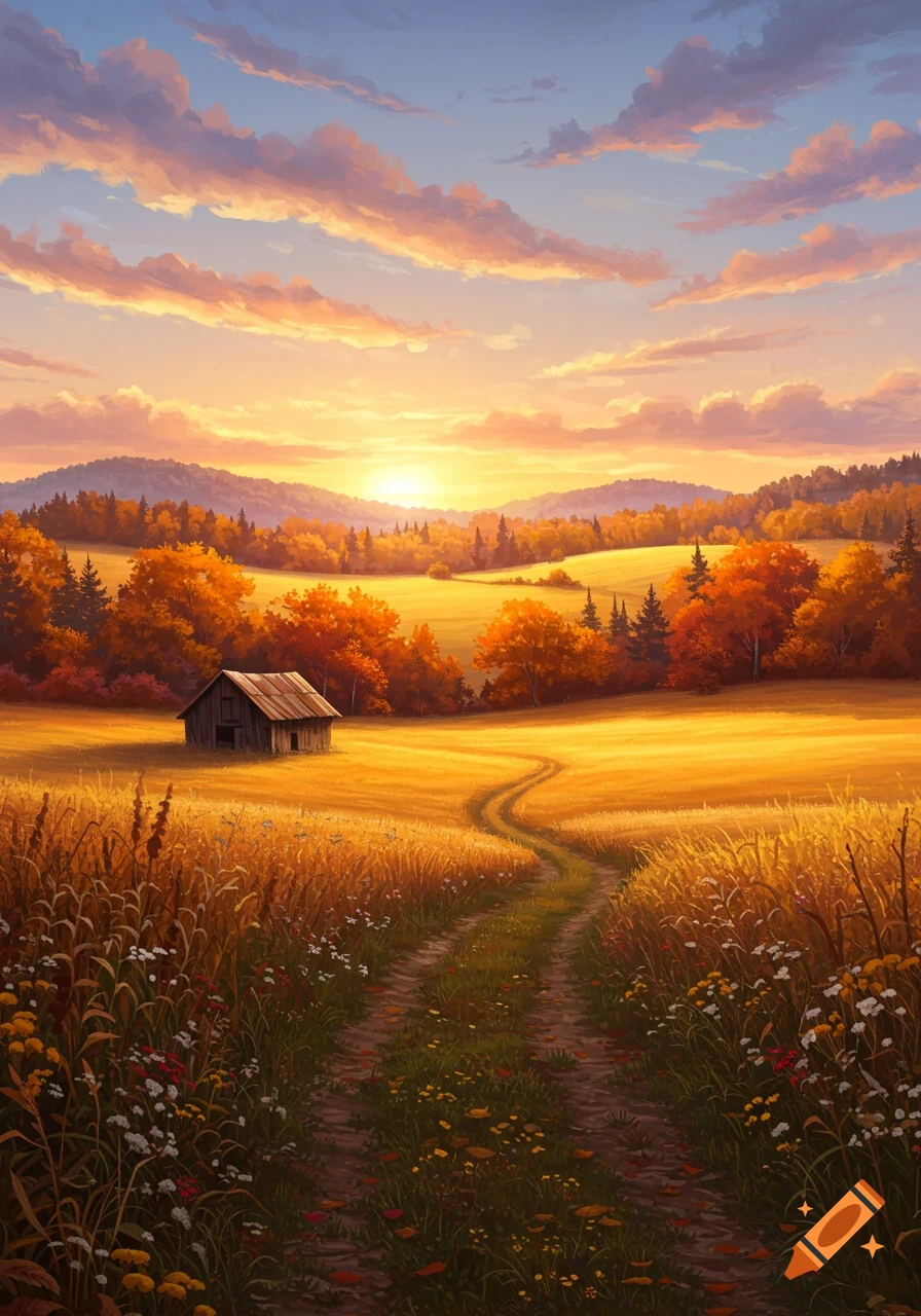 A vibrant digital painting of an autumn countryside landscape with a small barn and a winding path at sunset.