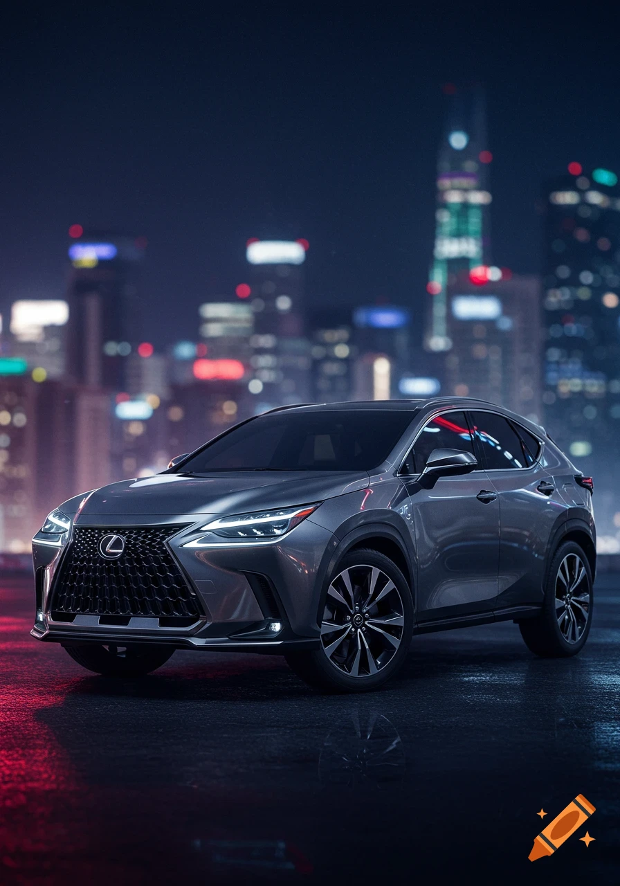 Gray Lexus NX SUV parked on a wet city street at night, with blurred city lights in the background.