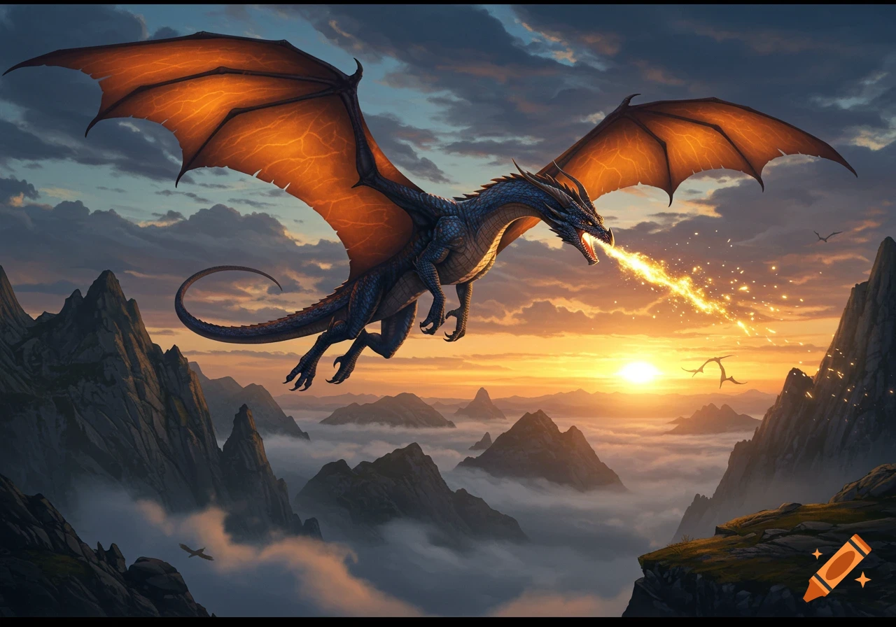 A blue dragon with orange wings breathes fire as it flies over misty mountains at sunset, in a fantasy art style.