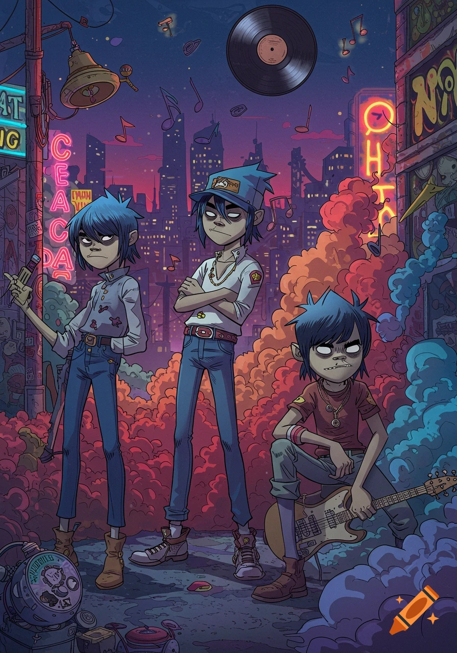 Cartoon characters resembling Gorillaz members stand in a neon-lit urban alley at night, surrounded by music notes and smoke.