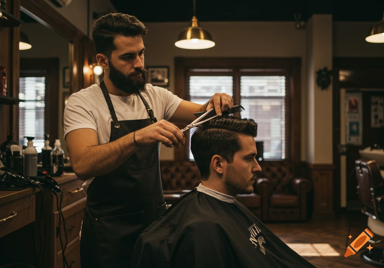 A bearded barber in an apron cuts a man's hair with scissors and a comb in a traditional barbershop. Photorealistic style.