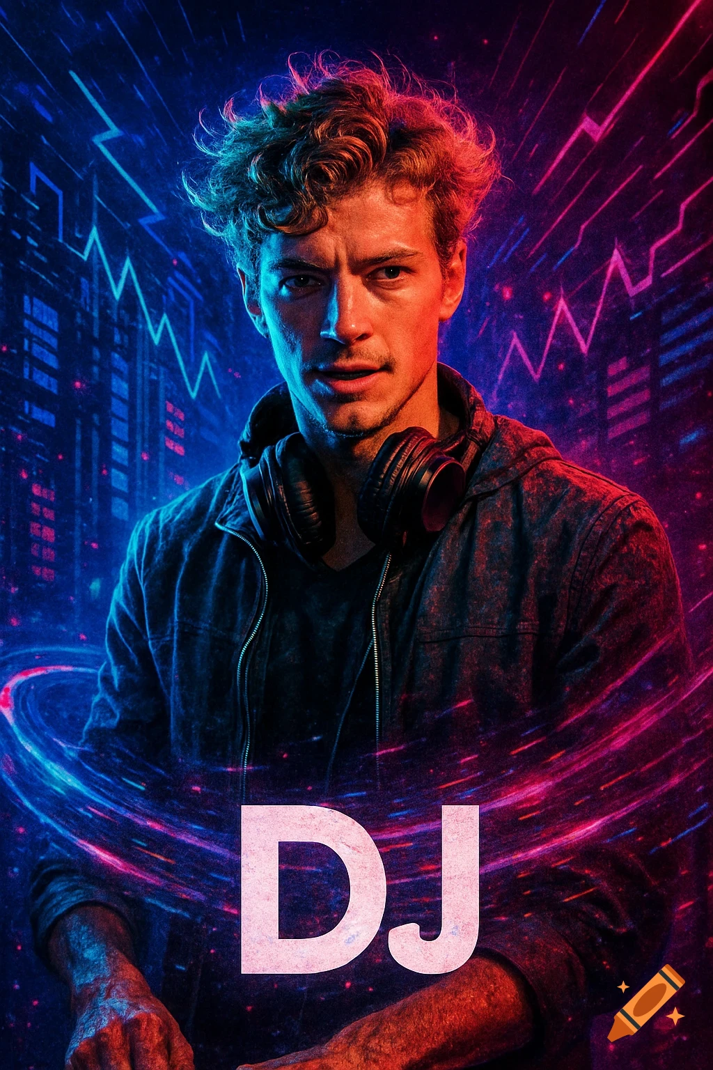 A man with curly hair wearing headphones in a vibrant blue and red neon-lit poster with the text 'DJ' at the bottom.
