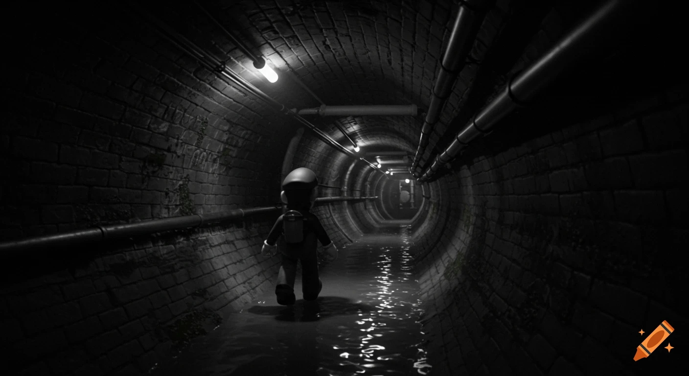 A black and white image of Mario from behind, walking through a dark, wet brick sewer tunnel, lit by overhead lamps.