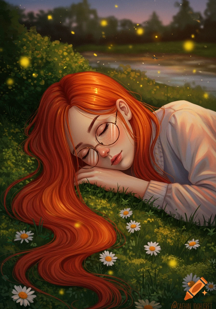 Digital illustration of a red-haired girl with round glasses sleeping peacefully in a grassy field with daisies and glowing fireflies at dusk.