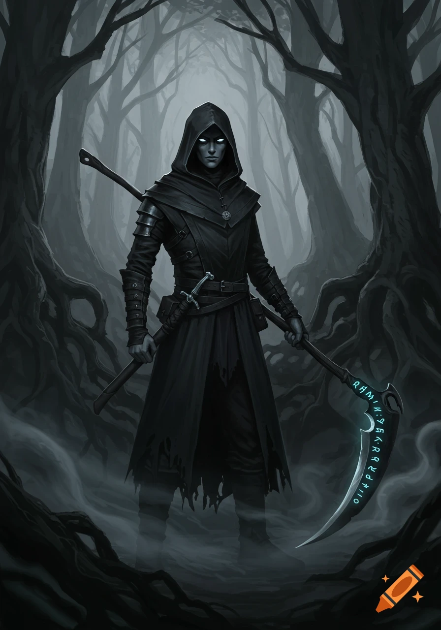 A hooded dark figure with glowing white eyes and a large scythe with glowing runes stands in a misty, dark forest. The character wears a long black cloak and armor, holding the scythe with both hands.