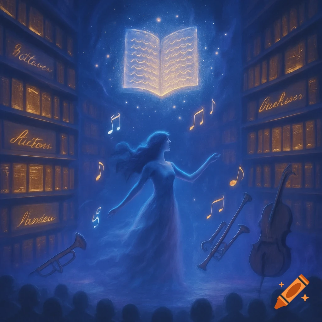 A mystical blue scene of a woman in a flowing dress, surrounded by glowing musical notes and instruments, with illuminated books on shelves and a bright open book floating above her, watched by a silhouetted audience.