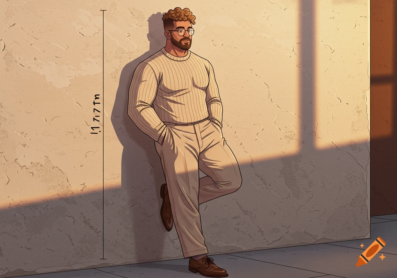 A cartoon man with curly hair, beard, and glasses leans against a wall in a cream sweater and beige pants.