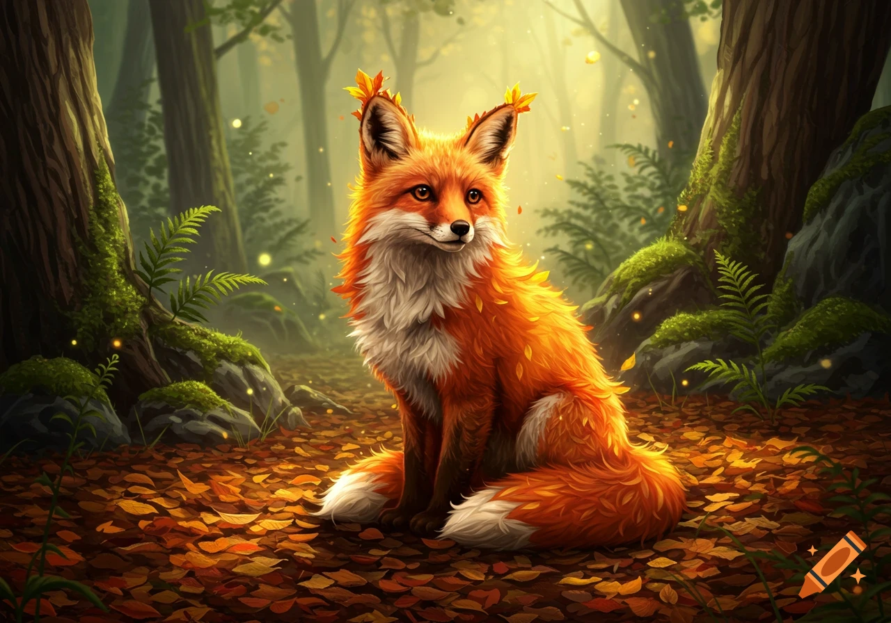 A vibrant, stylized fox with glowing fur and autumn leaves in its ears sits amongst golden fall foliage in an enchanted forest.