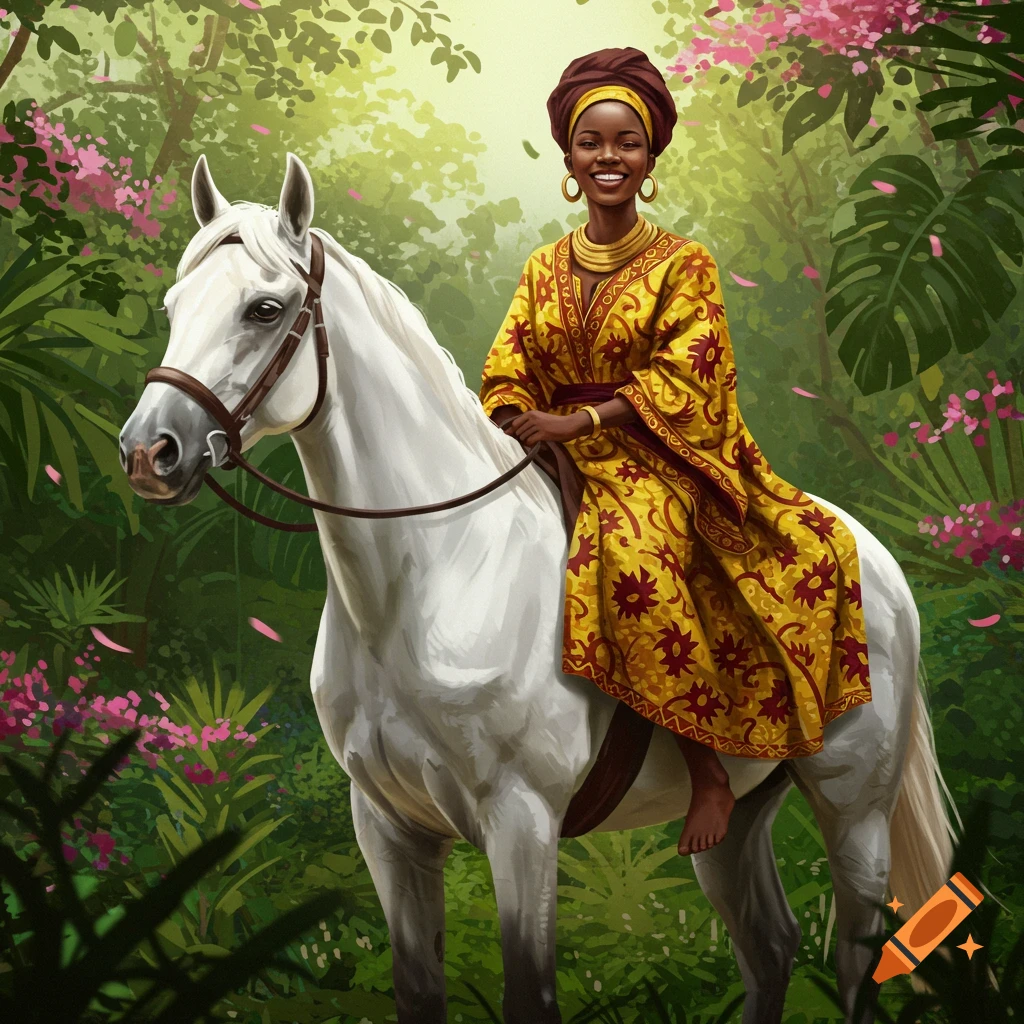 Smiling African woman in a yellow patterned dress and headwrap rides a white horse through a vibrant green jungle with pink flowers. Illustration.