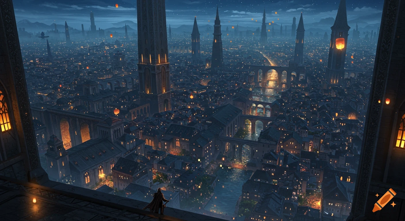 A cloaked figure views a sprawling fantasy city at night, with illuminated buildings, towering spires, bridges, and glowing lanterns.