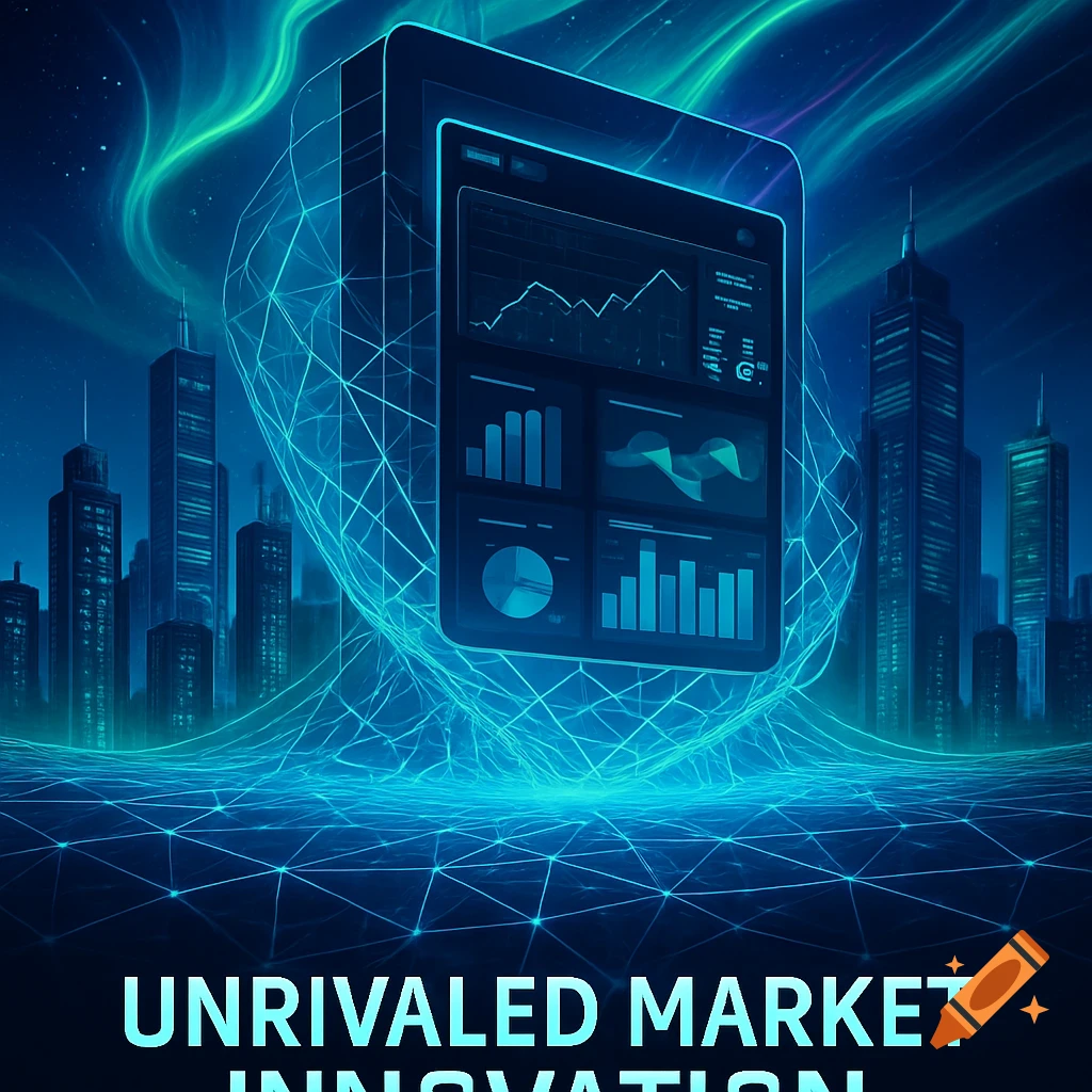 Futuristic cityscape with glowing blue network lines, a floating tablet displaying data, and large text 'UNRIVALED MARKET INNOVATION' at the bottom.