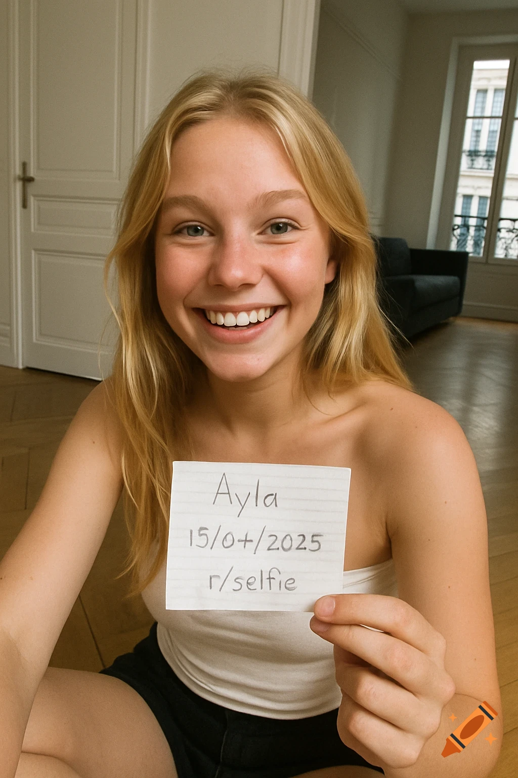A smiling blonde woman holding a note with "Ayla 15/0+/2025 r/selfie" written on it, sitting on a wooden floor.