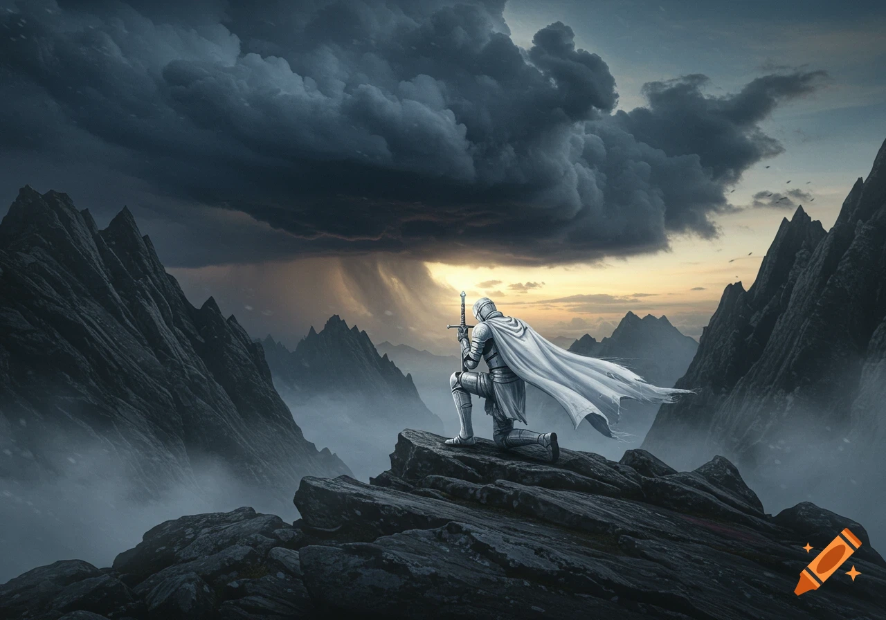 A knight in white armor kneels on a dark, rocky mountain peak under a dramatic, stormy sky with a sliver of light.