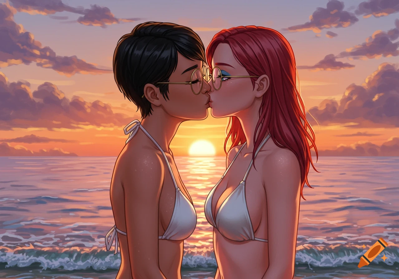 Digital art of two women, a lesbian couple, kissing at sunset on a beach, with an orange sky and ocean waves.