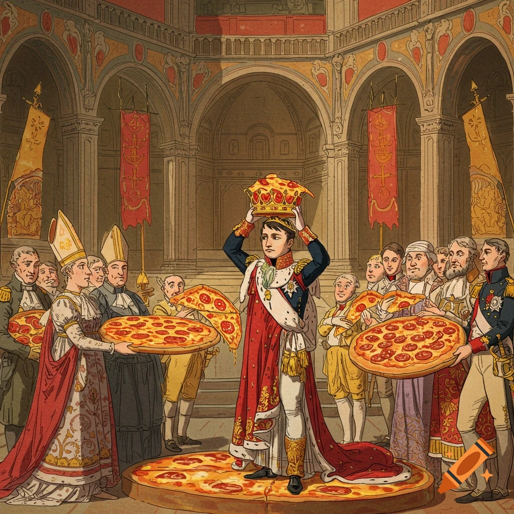 Napoleon's coronation ceremony featuring a pizza crown and multiple large pizzas, in a stylized historical illustration.