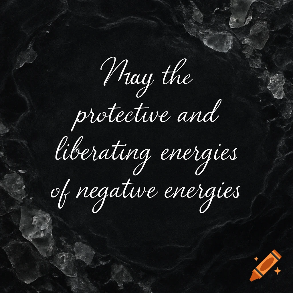 White cursive text 'May the protective and liberating energies of negative energies' on a dark, textured, black stone background.