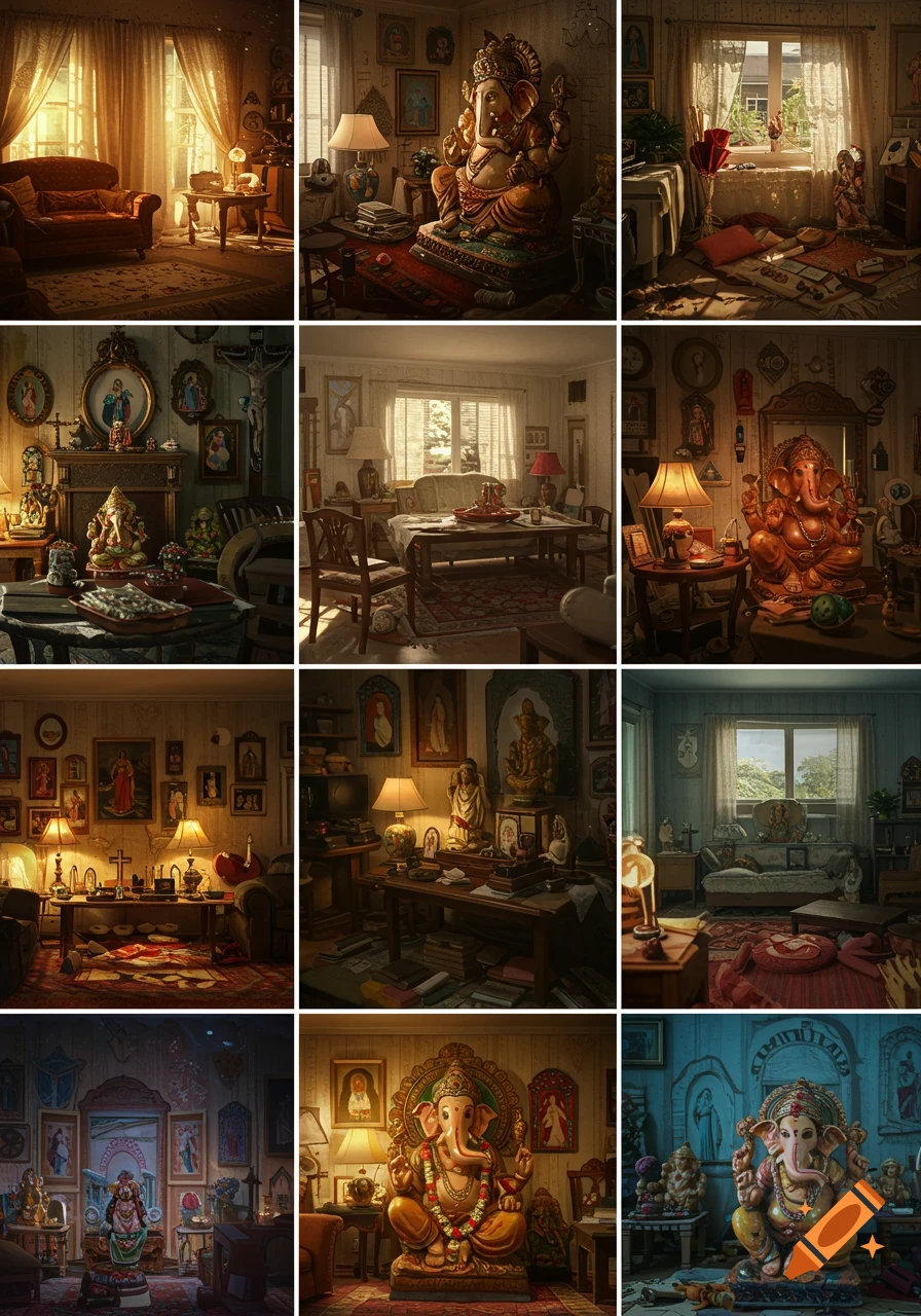 A collage of nine photorealistic images, each depicting a cluttered interior room filled with various religious statues and art, including Hindu deities like Ganesha and Christian icons.