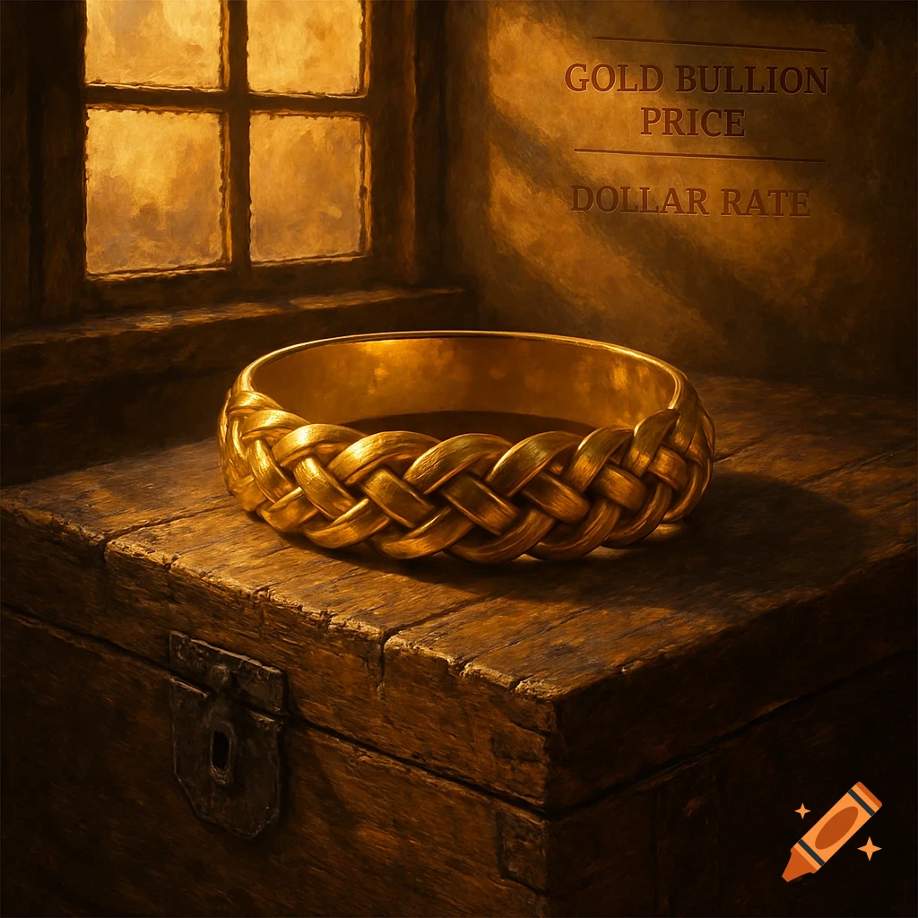A braided gold bracelet rests on an antique wooden chest in warm window light, with gold and dollar price text on the wall.