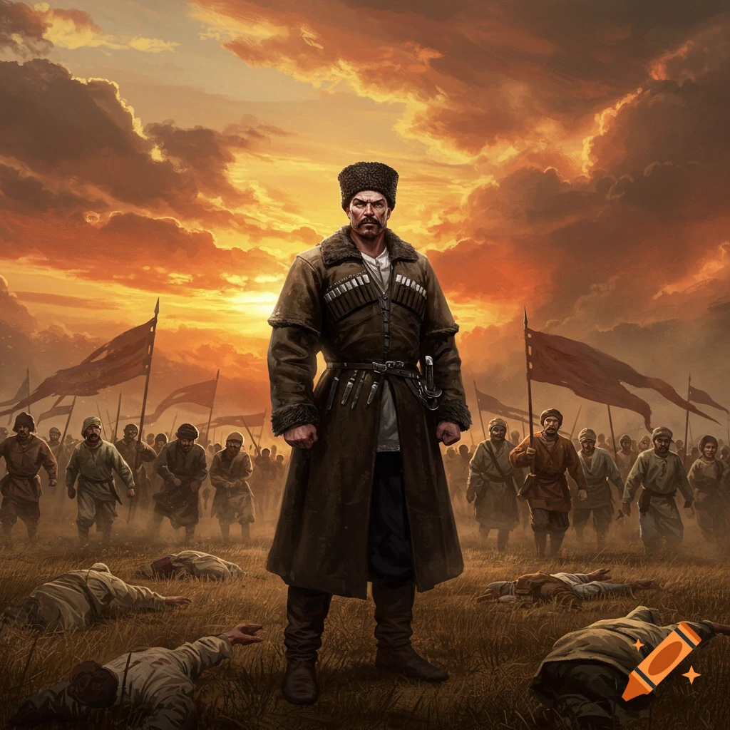 A stern man in a fur-trimmed coat stands on a battlefield with fallen soldiers, an army, and flags under a dramatic sunset.