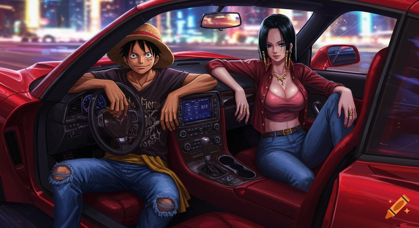 Luffy and Boa Hancock from One Piece in a red Corvette, against a blurred city night background, in anime style.