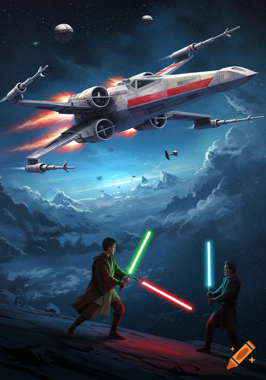 An X-wing fighter flies above two cloaked figures with a red and green lightsaber on a rocky planet with clouds and stars.